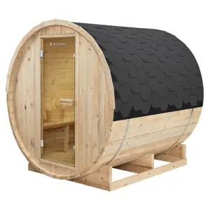 Produkt Juskys Venkovní sudová sauna Spitzbergen L délka 180 cm průměr 180 cm (6 kW)